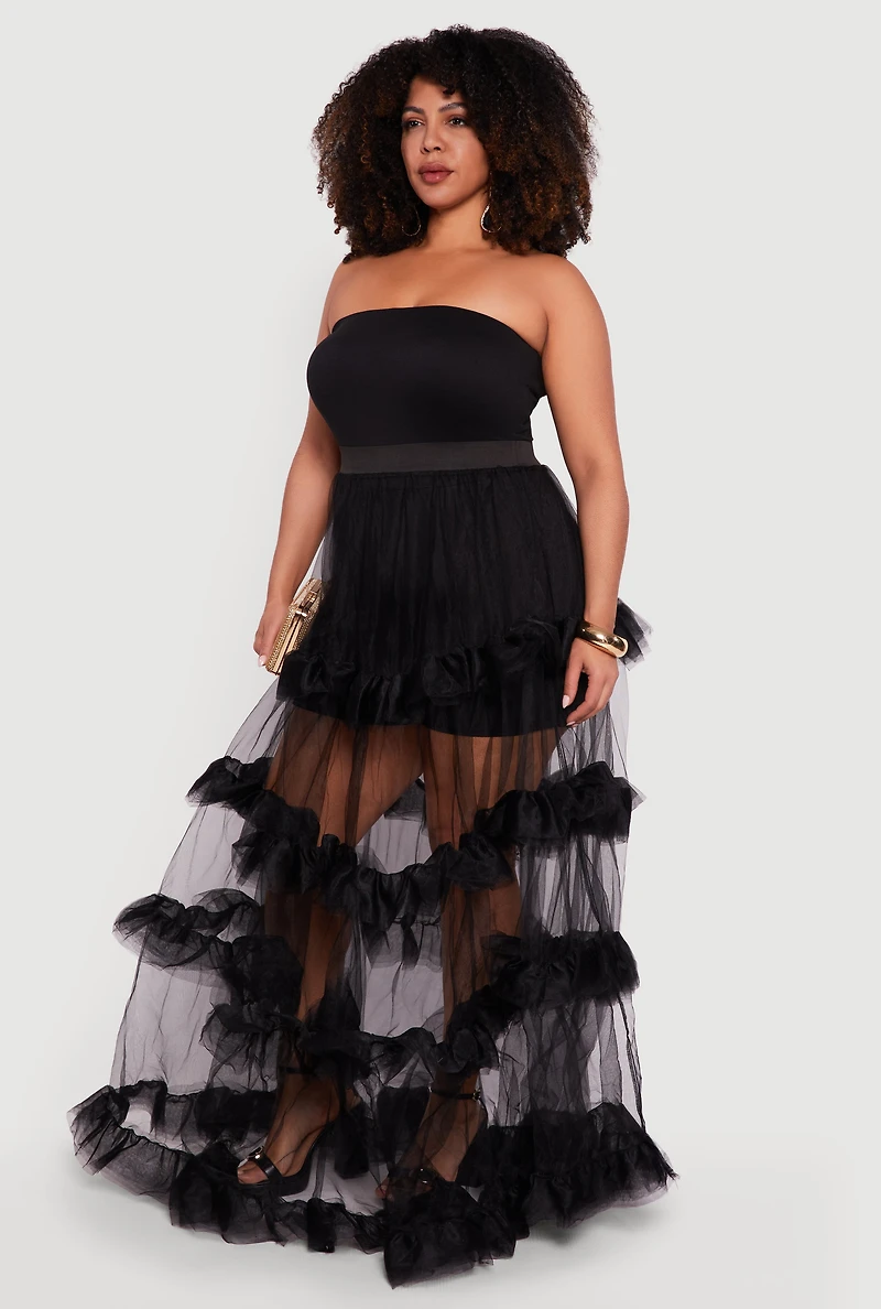 Plus Tube Romper with Tulle Tiered Ruffle Maxi Skirt
