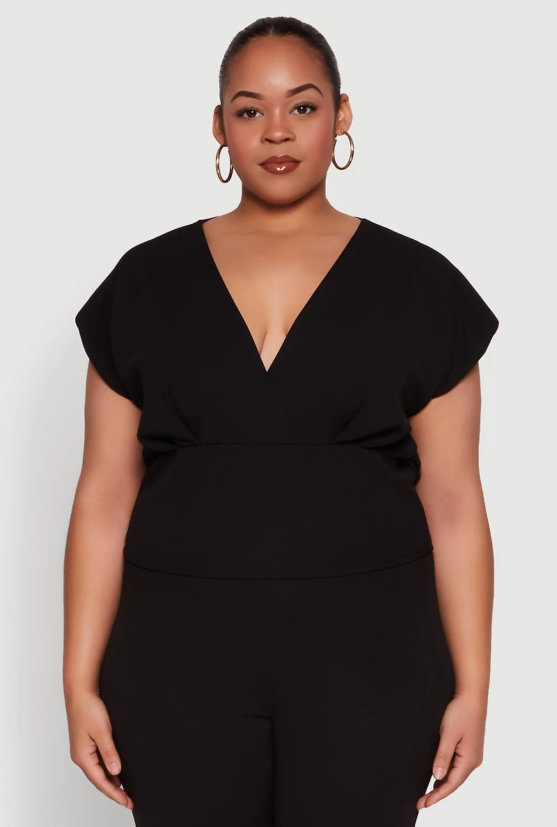 Womens Plus Size Faux Wrap Top, Black, Size 2X