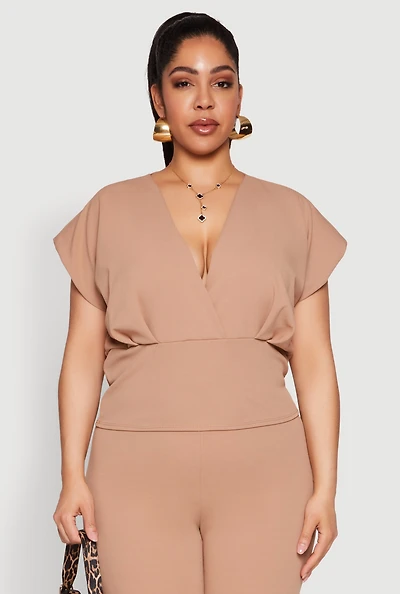 Womens Plus Size Faux Wrap Top, Beige, Size 1X