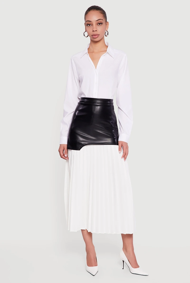 Womens Solid Long Sleeve Button Front Shirt, White, Size L