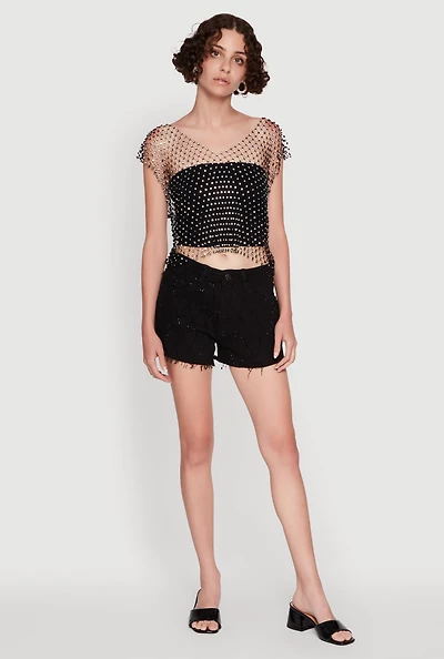 Womens Trendy Rhinestone Fishnet V Neck Crop Top,