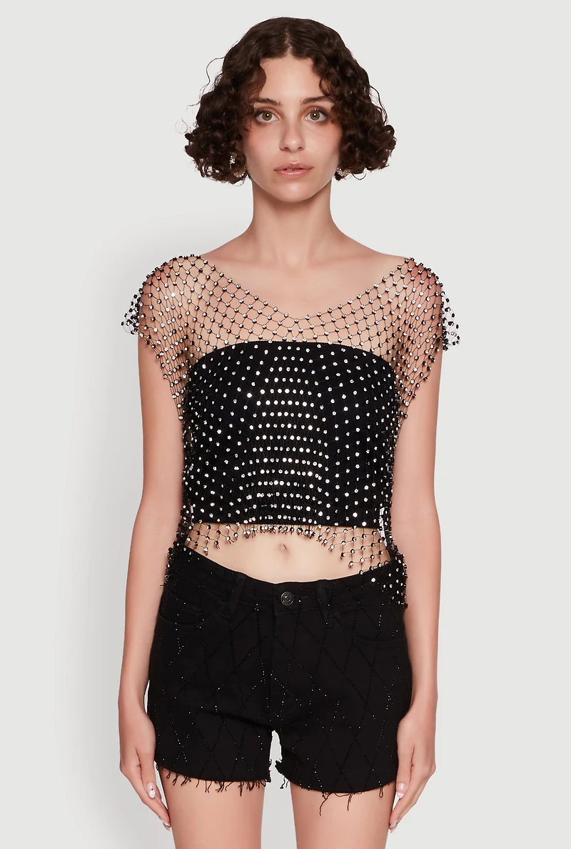 Womens Trendy Rhinestone Fishnet V Neck Crop Top,