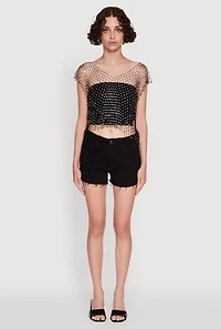 Womens Trendy Rhinestone Fishnet V Neck Crop Top, Black, Size L