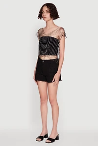 Womens Trendy Rhinestone Fishnet V Neck Crop Top, Black, Size L