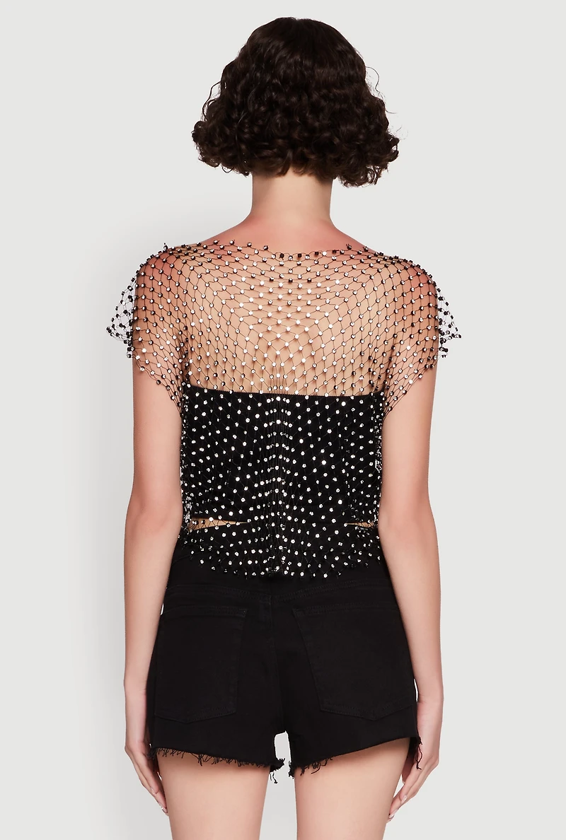 Womens Trendy Rhinestone Fishnet V Neck Crop Top, Black, Size L