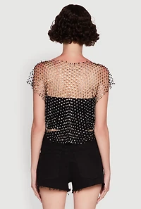 Womens Trendy Rhinestone Fishnet V Neck Crop Top, Black, Size S