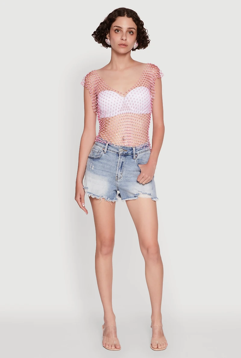 Womens Trendy Rhinestone Fishnet V Neck Crop Top,