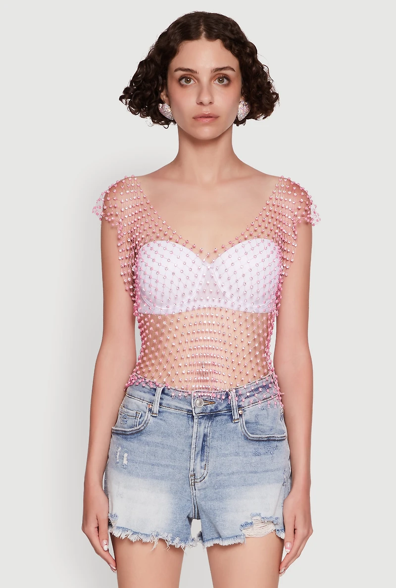 Womens Trendy Rhinestone Fishnet V Neck Crop Top, Pink,