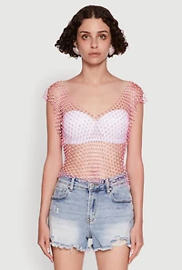 Womens Trendy Rhinestone Fishnet V Neck Crop Top, Pink,