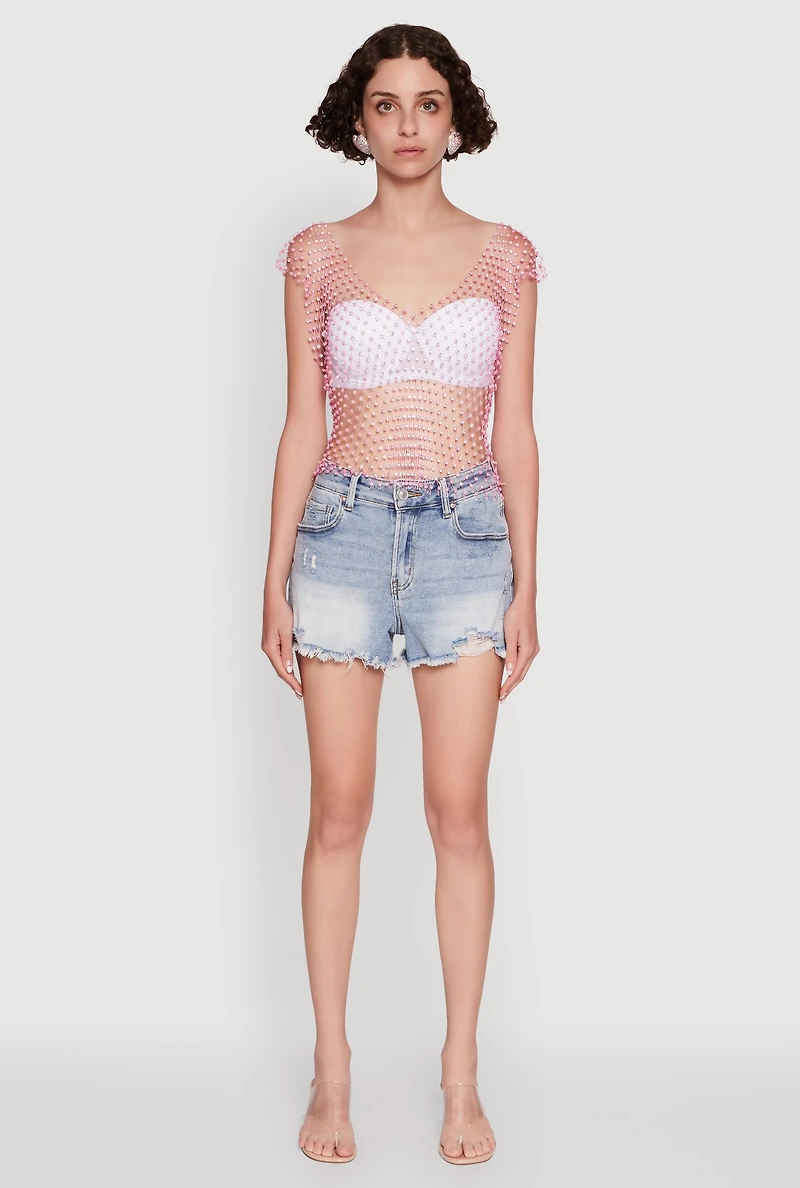 Womens Trendy Rhinestone Fishnet V Neck Crop Top, Pink,