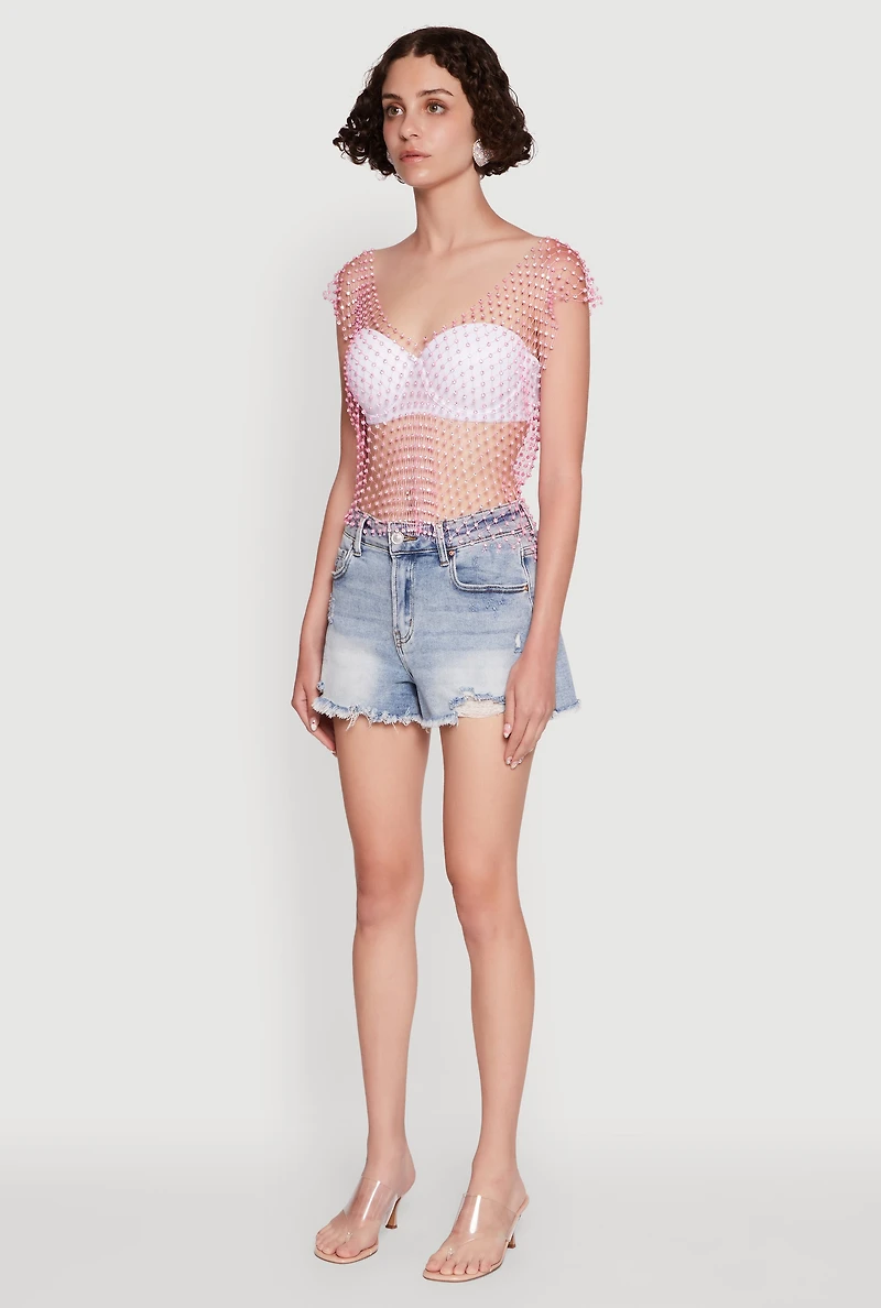 Womens Trendy Rhinestone Fishnet V Neck Crop Top, Pink,