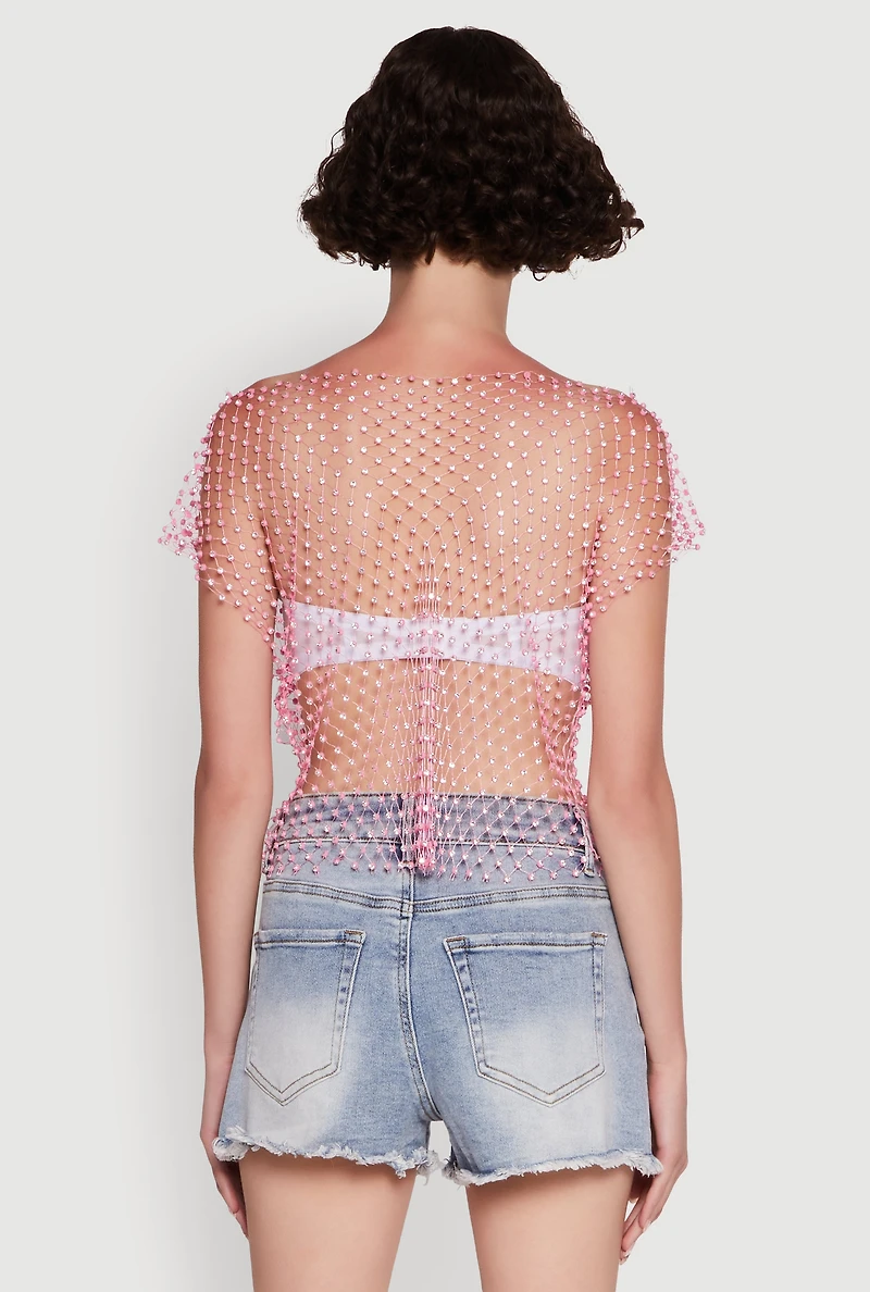 Womens Trendy Rhinestone Fishnet V Neck Crop Top, Pink,