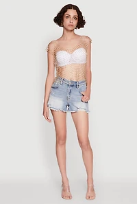 Womens Trendy Rhinestone Fishnet V Neck Crop Top, Yellow, Size M
