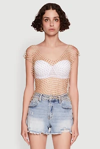 Womens Trendy Rhinestone Fishnet V Neck Crop Top, Yellow, Size M