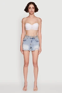 Womens Trendy Rhinestone Fishnet V Neck Crop Top, Yellow, Size M