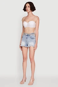 Womens Trendy Rhinestone Fishnet V Neck Crop Top, Yellow, Size M