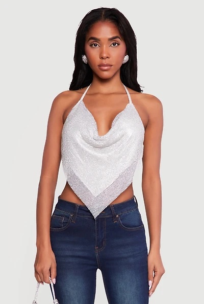 Rhinestone Hanky Hem Open Back Halter Top