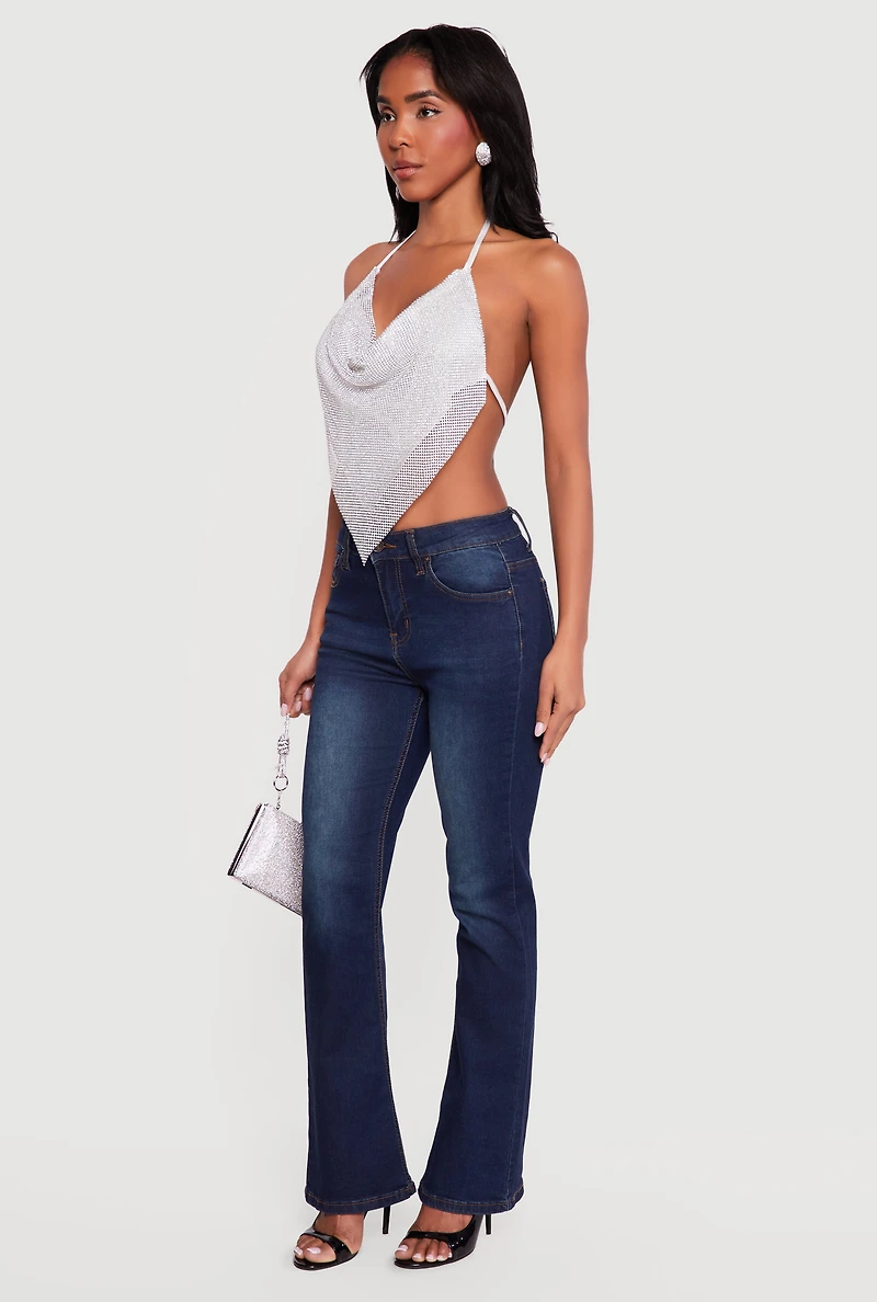 Rhinestone Hanky Hem Open Back Halter Top