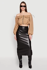 Womens Poplin Zip Front Toggle Drawstring Crop Top, Beige,