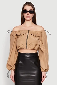Womens Poplin Zip Front Toggle Drawstring Crop Top, Beige,