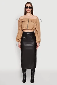 Womens Poplin Zip Front Toggle Drawstring Crop Top, Beige,