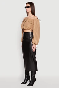 Womens Poplin Zip Front Toggle Drawstring Crop Top, Beige,