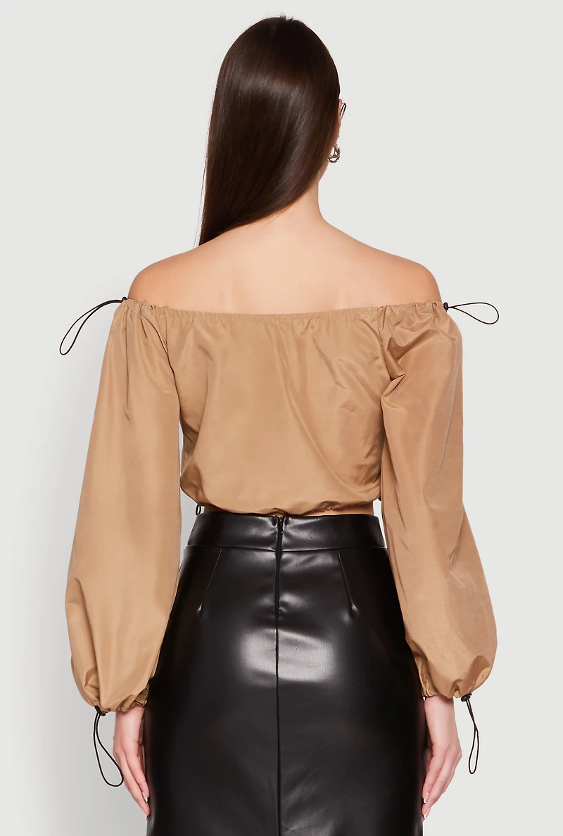 Womens Poplin Zip Front Toggle Drawstring Crop Top, Beige,