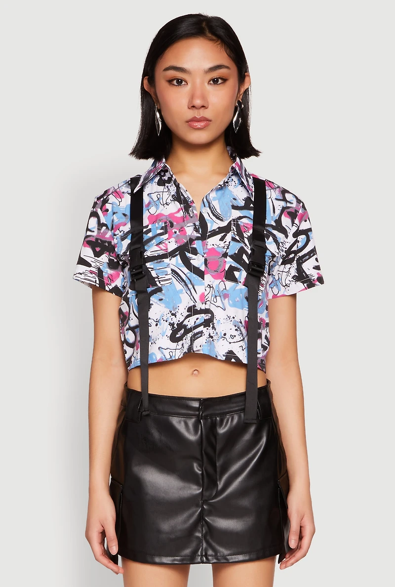 Womens Spoon Jeans Graffiti Print Crop Top, Multi, Size M