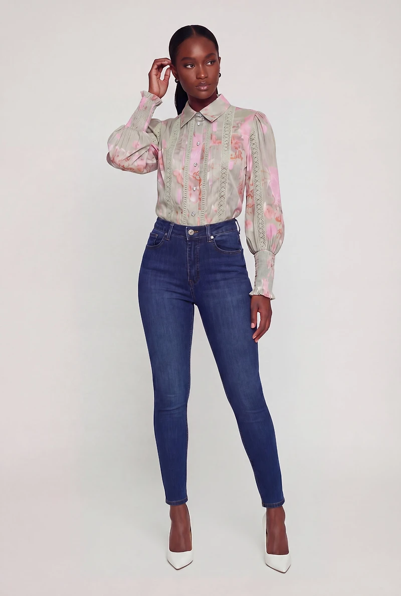Crochet Detail Floral Rhinestone Button Front Shirt