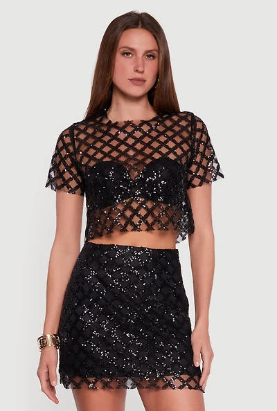 Womens Geometric Sequin Mesh Crop Top, Black, Size M