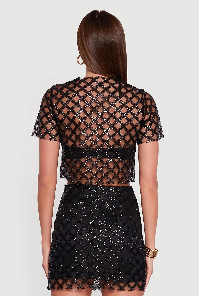 Geometric Sequin Mesh Crop Top