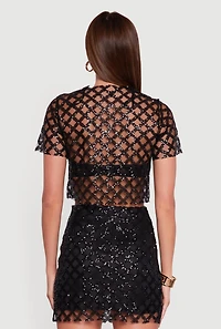 Geometric Sequin Mesh Crop Top