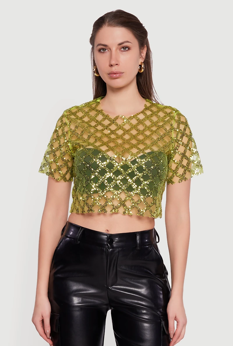 Womens Geometric Sequin Mesh Crop Top, Green, Size M
