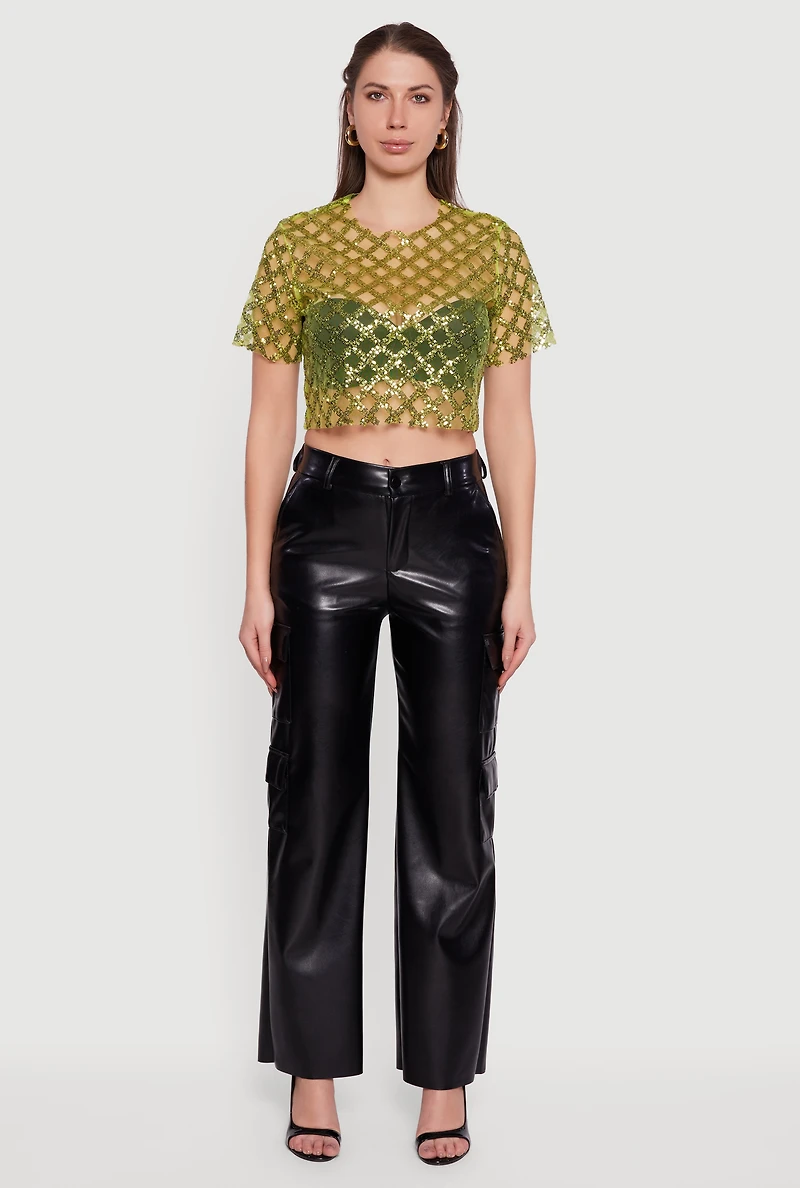 Womens Geometric Sequin Mesh Crop Top, Green, Size M
