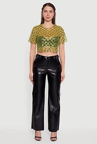 Womens Geometric Sequin Mesh Crop Top, Green, Size M