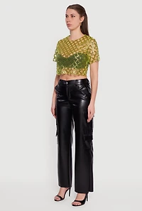 Womens Geometric Sequin Mesh Crop Top, Green, Size M