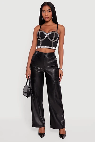 Womens Beaded Sweetheart Convertible Bustier Crop Top, Black, Size L