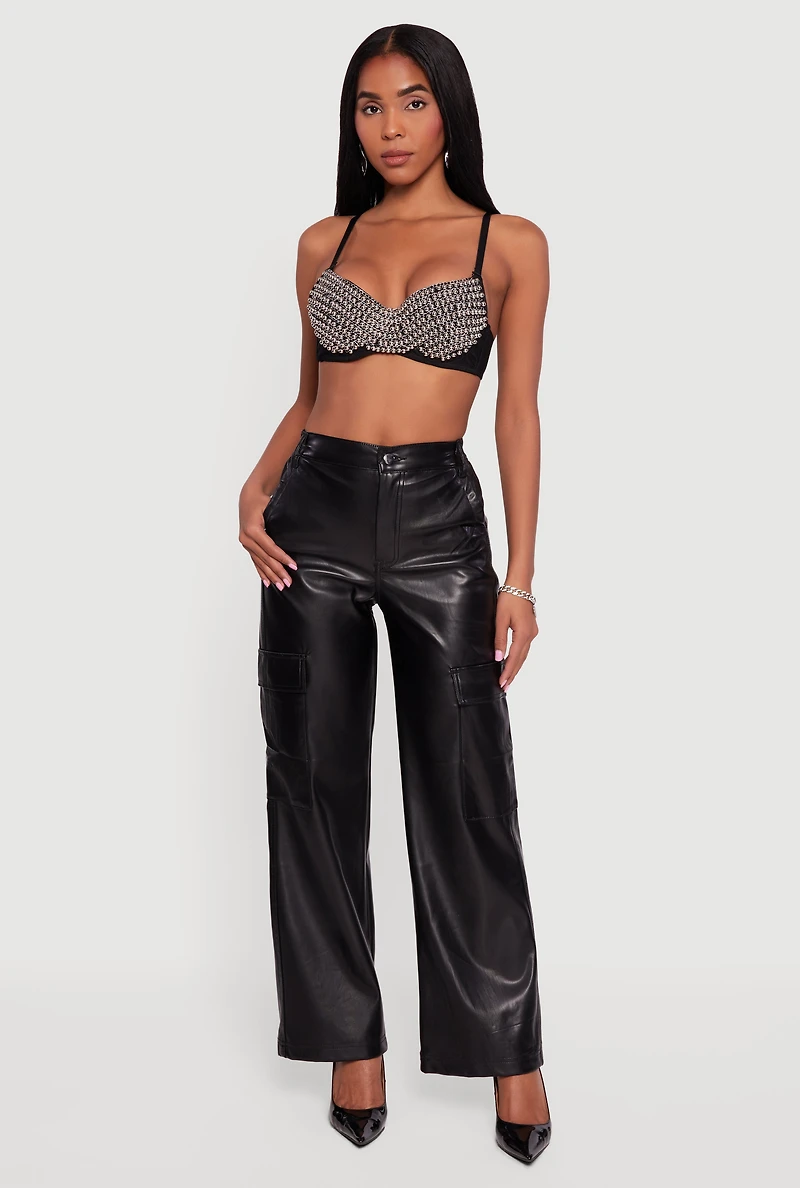 Womens Metallic Beaded Bustier Crop Top, Black,