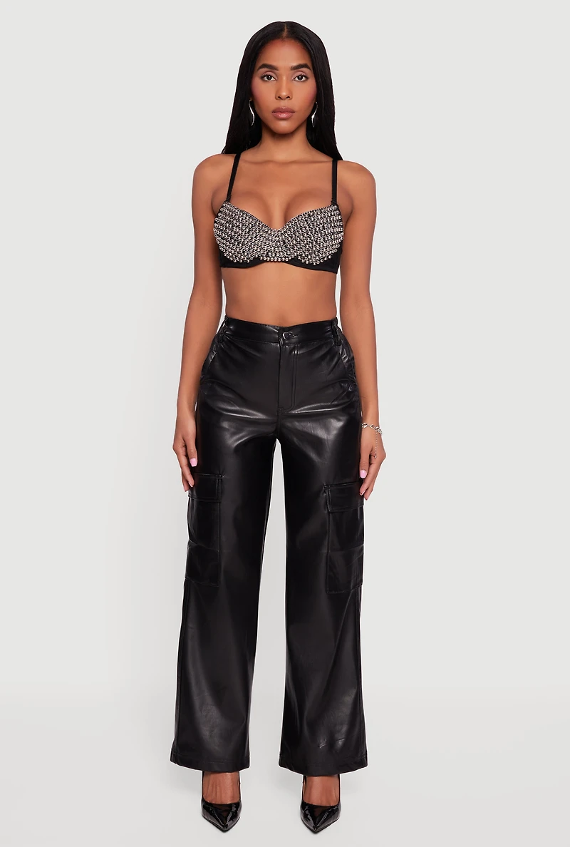 Womens Metallic Beaded Bustier Crop Top, Black,