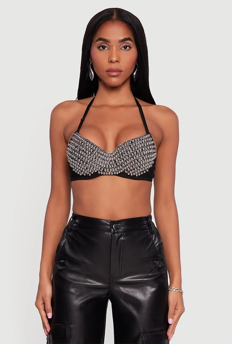 Womens Metallic Beaded Bustier Crop Top, Black, Size S