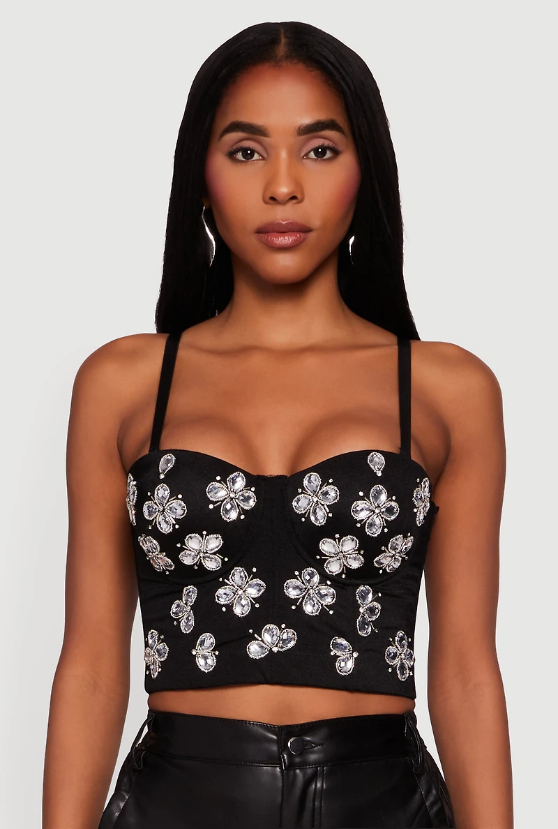 Womens Floral Rhinestone Convertible Bustier Crop Top, Black,