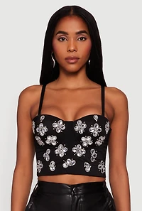 Womens Floral Rhinestone Convertible Bustier Crop Top, Black,