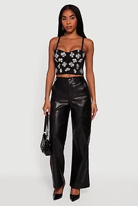 Womens Floral Rhinestone Convertible Bustier Crop Top, Black,