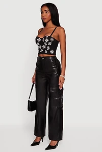 Womens Floral Rhinestone Convertible Bustier Crop Top, Black, Size M