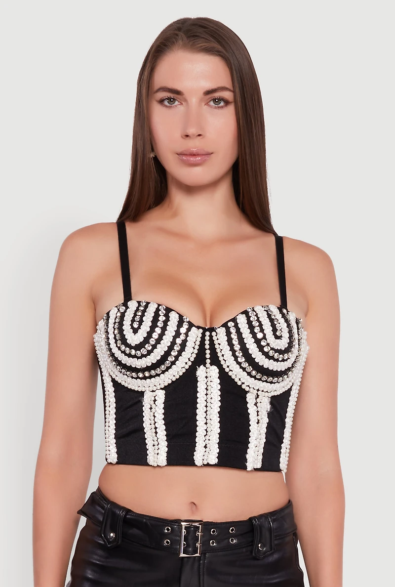 Womens Cropped Rhinestone and Faux Pearl Detail Convertible Bustier, Black, Size L