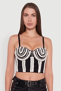 Womens Cropped Rhinestone and Faux Pearl Detail Convertible Bustier, Black, Size S