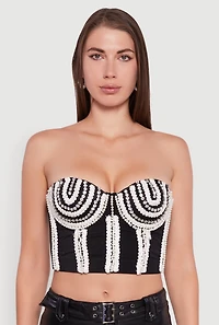Womens Cropped Rhinestone and Faux Pearl Detail Convertible Bustier, Black, Size L