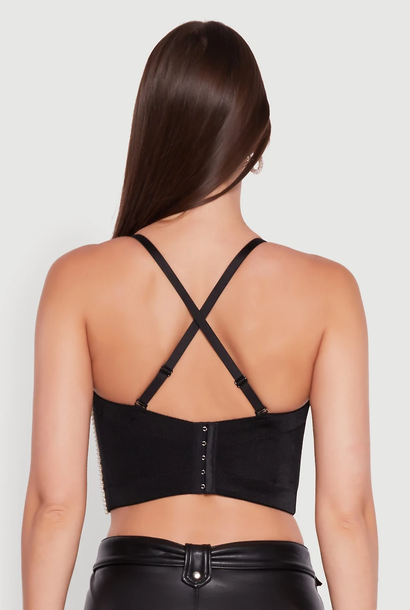 Womens Cropped Rhinestone and Faux Pearl Detail Convertible Bustier, Black, Size L
