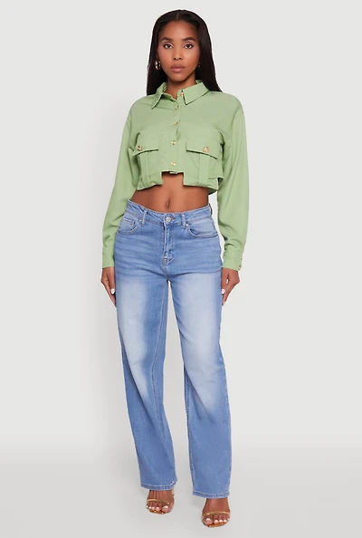Womens Classic Fit Long Sleeve Cropped Shirt with Flap Pocket, Green, Size M