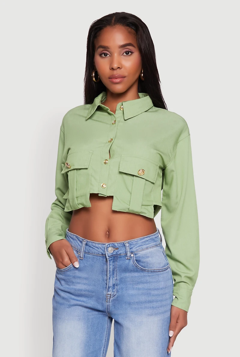 Womens Classic Fit Long Sleeve Cropped Shirt with Flap Pocket, Green,